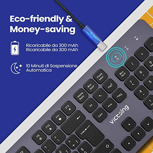 VicTsing Tastiera Wireless, Tastiera Ultrasottile Ergonomica Silenziosa con 12 Scorciatoie Multimediali e Rivestimento Simile al Metallo, Compatibile con Windows 10/8/7/XP/Vista, Mac OS