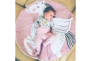 Poowe Nursery Kids Rug Creeping Crawling Mat Unicorn Baby Rug Childrens Floor Area Rug Mat 100% Cotton Baby Crawling Mat Round Infants School Carpet Decor, 33.5" Round
