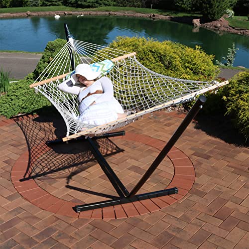 Sunnydaze Rope Hammock with 12Foot Stand and Hammock Pad 275Pound Capacity Blue and Green