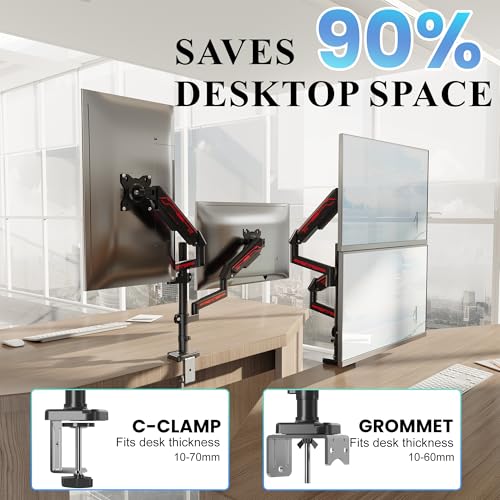 ETHU Dual Vertical Monitor Mount for 17-32 inch Screens, Height Adjustable Gas Spring Monitor Stand with 2 Arms, VESA 75x75/100x100, Each Arm Holds 2-9kg, C-Clamp and Grommet Base, Black