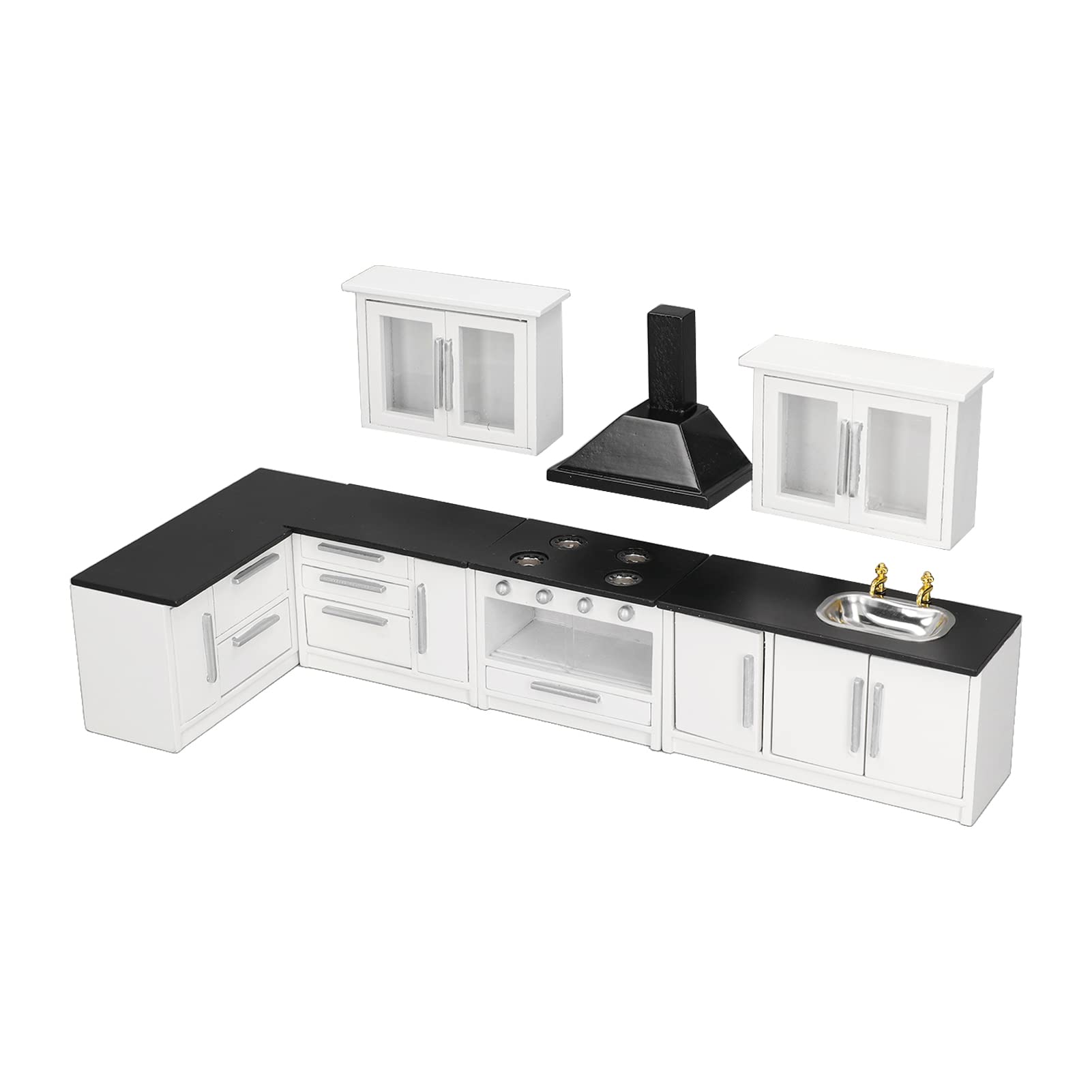 plplaaoo Dollhouse Kitchen Furniture Kit, 7pcs 1:12 Wooden Mini Dollhouse Kitchen Cabinet,Dollhouse Modern Kitchen Furniture Set for Dollhouse Decoration,Miniature Dollhouse Accessories