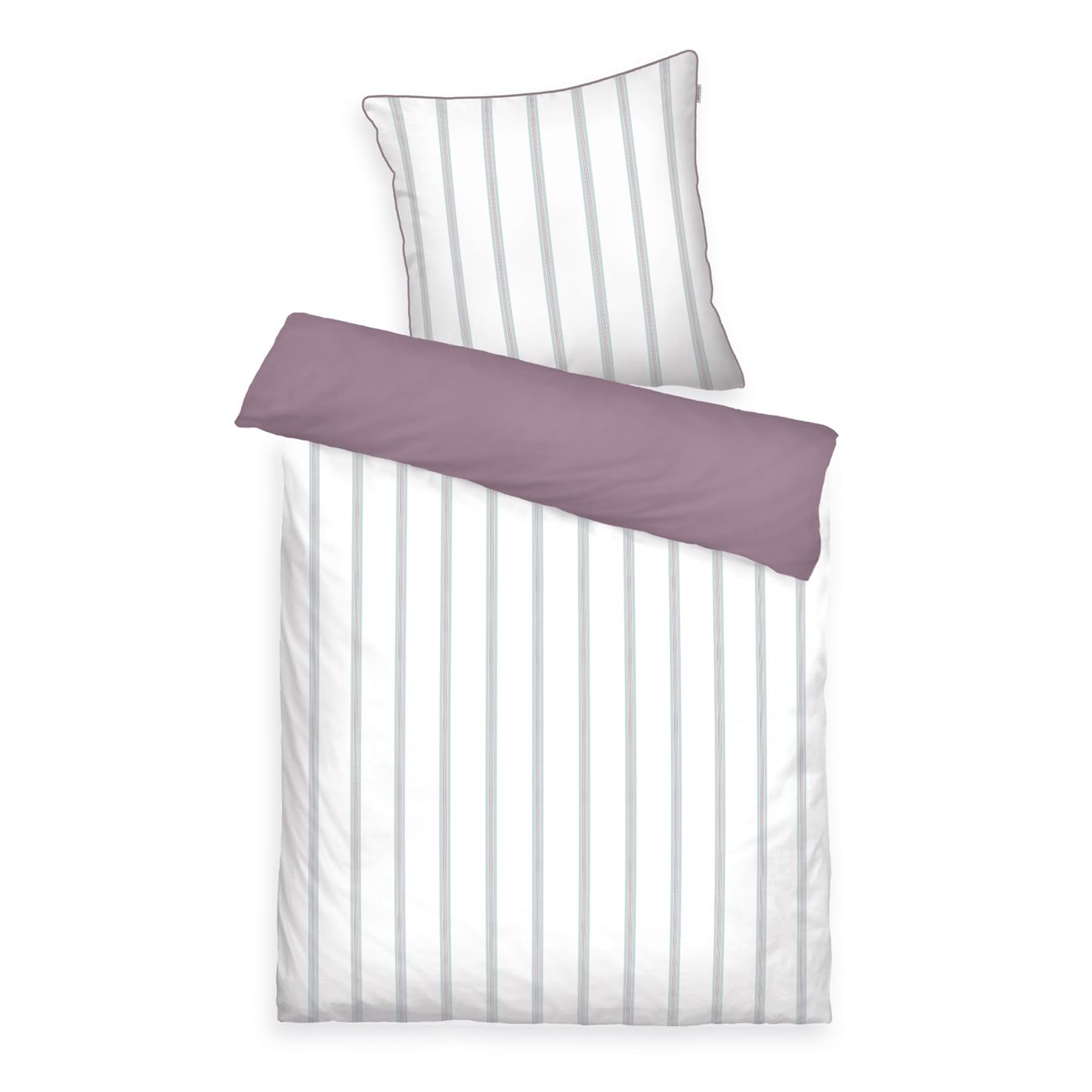 TOM TAILOR Satin Bed Linen 80 x 80 cm + 135 x 200 cm, 100% Cotton/Satin, with Reversible Motif, Coloured Piping on Cushion and Branded Zip, Classic Satin Stripes White, Purple (Cozy Mauve & Fresh