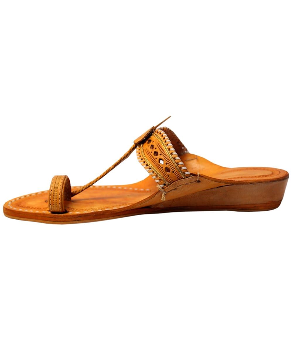 ekolhapuri handmade authentic genuine leather attractive light yellow platform heel ladies chappal