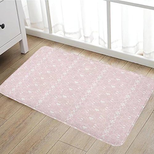Pink and White door mats for home Victorian Style Girly Feminine Pattern with Curly Leaves Hearts and Flowers Bath Mat Bathroom Mat with Non Slip16"x24" Blush White