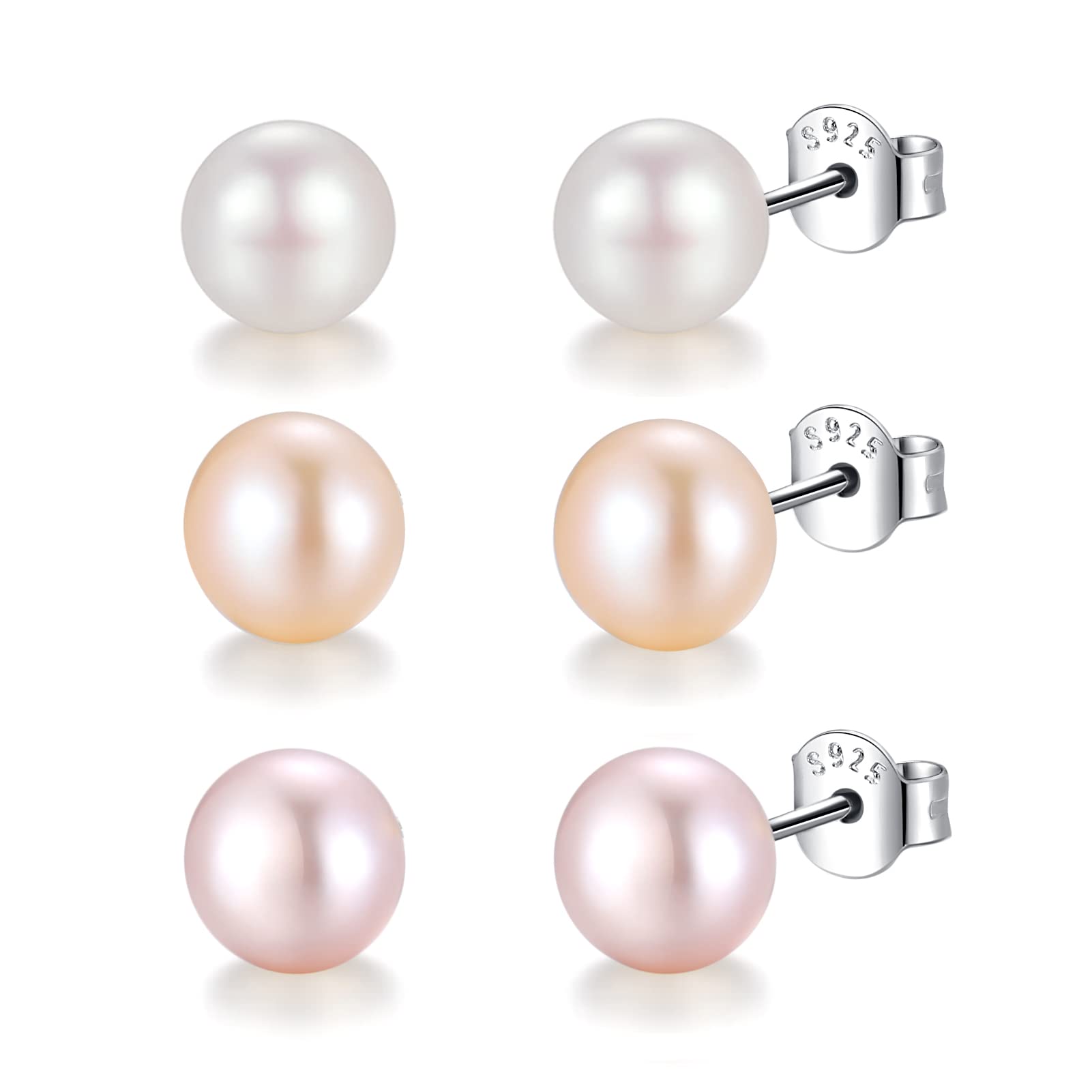 5mm Pearl Stud Earrings 925 Sterling Silver White Champagne Light Purple 3 Pairs Set Pack Button Freshwater Cultured Pearl Earrings