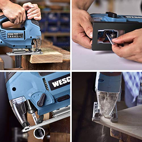Stichsäge 850W, Elektro Stichsäge & LED, 4-Stufen-Pendelung, 3000SPM, 6-Geschwindigkeitsvorwahl, Schnittwinkel ± 45 ° mit 10 Blättern, Fußplatte aus Aluminium, Motor aus Kupfer WESCO WS3772