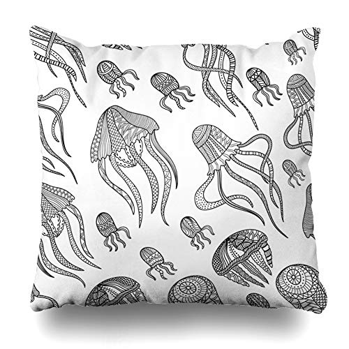 Ahawoso Throw Pillow Cover Medusa Pattern Jellyfishes Nautical Sea Sailing Modern Underwater Abstract Design Engraving Decorative Pillowcase Square Size 20"x 20" Inch Home Decor Cushion Case