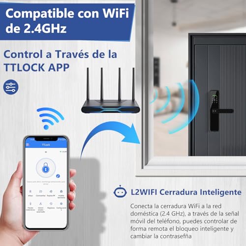 LOKOOY Cerradura Inteligente L2 WIFI, Alarma Anti-forzamiento, 6 Métodos de Apertura, WIFI/App/TT LOCK App Bluetooth/Huella Digital/Tarjeta IC, Negro