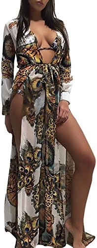 Monzocha Womens Chiffon Cover up Swimwear Leopard Print Dress Bandage Cardigan Swimsuit