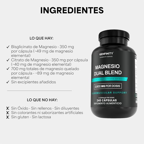 Genfinity Magnesio Dual Blend Longevity Series | 700 mg por Cápsula | 240 Cápsulas | Citrato + Bisglicinato Pureza ≥98% Grado Clínico | Suplemento Alimenticio