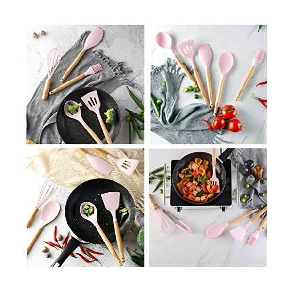 ZCOINS 18+1 PC Silicone Cooking Utensils Set with Wooden Handles & Holder, Kitchen Gadgets, Kitchen Tool Set Gift (Pink)