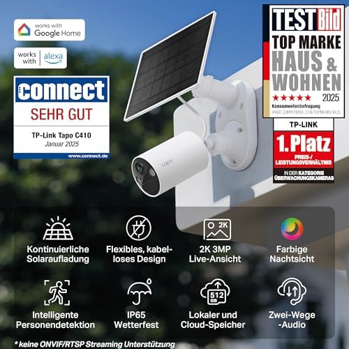 C410 KIT Solar Überwachungskamera Aussen Akku, 2K 3MP, Farbnachtsicht, MicroSD-Speicher, 6400-mAh Nicht entfernbarer Akku, Zwei-Wege-Audio, Personenerkennung, Alexa&Google Assistant, 2,4 GHz