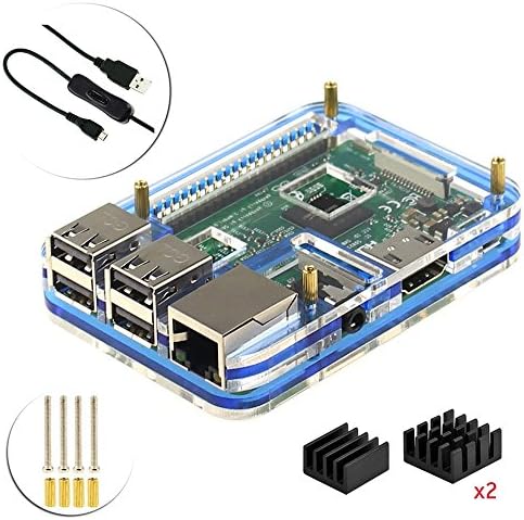 For Raspberry Pi 3 Model B Starter Case Kit (5 layers Acrylic Case, 3Pcs heatsink, ON/OFF Switch USB Cable) (Blue)