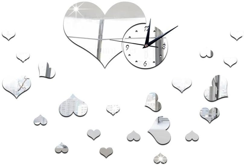 MAX&MZ Acrylic mirror wall Stickerclock/Heart shape Decor mute clock for Living room ,Children bedroom,Cafe，75*50cm , silver