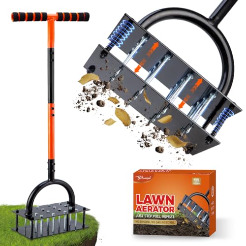 Bluesea Lawn Aerator Tool - 16 Iron Spikes with Ergonomic T-Handle, Automatic Dirt Clean for Soil Loosening & Yard Aeration, Manual Metal Grass Aerator (Orange)