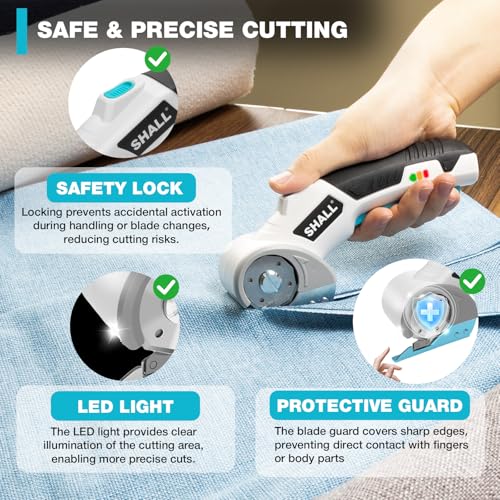 SHALL 4V Cordless Electric Scissors with Safety Lock, LED Light and Replacement Blade - Rechargeable Rotary Cutter for Fabric, Leather, Carpet, Cardboard and Plastic