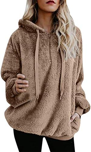 DIKEWANG Womens Fuzzy Casual Loose Sweatshirt Hooded Pockets Outwear Coat Winter Warm Wool Zipper Coat Outwear Ladies Fluffy Hooded Pullover Jumper 6-22