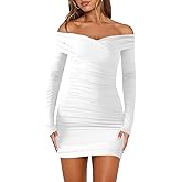 Nsbonu Women's Sexy Off The Shoulder Long Sleeve Bodycon Ruched Cocktail Party Mini Dresses