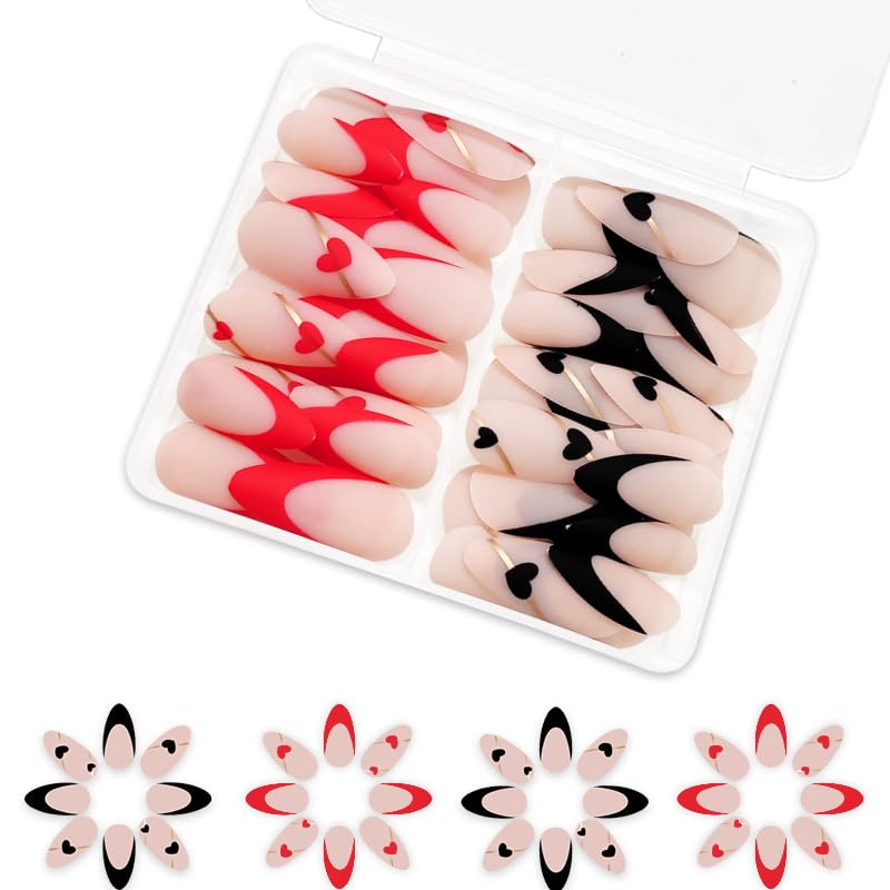 2 Packs 48Pcs Almond Press on Nails Medium Valentine's Day Fake Nails Red Black French Tip Nails Press on Heart Love False Nails Reusable Artificial Acrylic Nails for Women Girls Nails Decoration Kit - Image 3