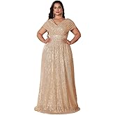 Giffniseti Women's Plus Size V Neck Sequin Formal Maxi Dress A-Line Prom Evening Party Gowns