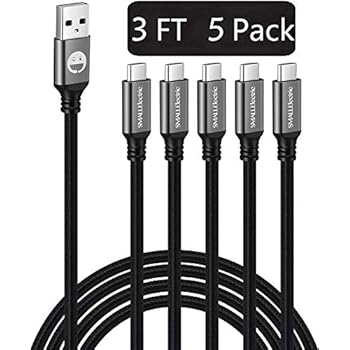 USB Type C Cable 5-Pack 3FT,SMALLElectric Nylon Braided USB Type A to C Fast Charger Cords for Samsung Galaxy Note 9 8,S8 S9 S10 Plus S10e,Google Pixel,Nintendo Switch,Nexus,LG V30 V20 G6 5,(Black)
