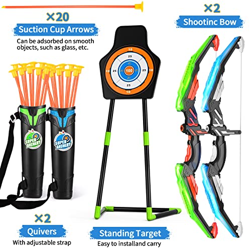 TEMI 2 Pack Bow and Arrow for Kids Light Up Archery Toy Set Includes