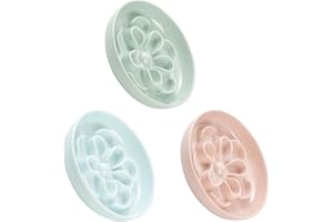 PTOBER Melamine Cat Slow Feeder Bowl Set - Floral Maze Food Dishes for Cats and Small Dogs - Shallow Wide Plates for Dry & Wet Food - 3 Pack - Green & Blue & Pink