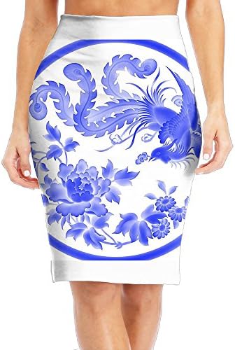 Women's Blue And White Porcelain Elastic High Waist Knee-length Midi Pencil Skirt Sexy Small