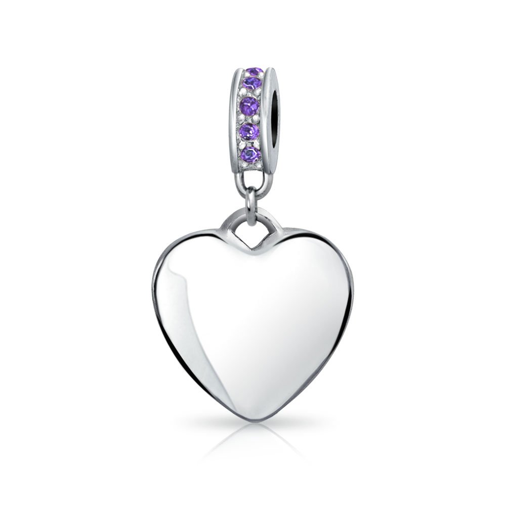 Bling Jewelry Personalized Engravable Initial Monogram Simulated Purple Amethyst Crystal Accent Bale Heart Shape Dangle Bead Charm .925 Sterling Silver For Women Teen European Bracelet Customizable — image 1