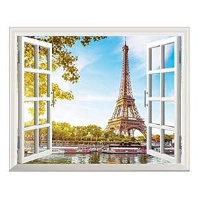 Removable Wall Sticker/Wall Mural - Eiffel Tower View Out of The Open Window Creative Wall Decor - 24"x32"