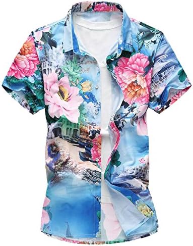 WAWAYAMen WAWAYA Men's Plus Size Floral Printed Short Sleeve Summer Button Up Dress Shirt Tee Blue 3XL