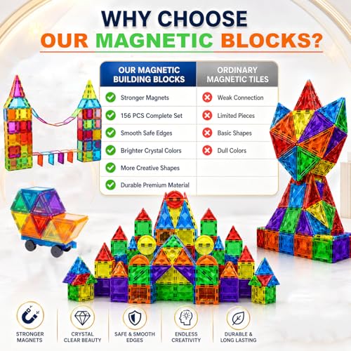 156PCS Magnetic Tiles STEM Building Toys Set with 2 Cars, Sensory Stacking Magnetic Blocks for Toddlers & Kids, Ideal for Preschool Montessori Toys Christmas Birthday Gifts for Boys & Girls Ages 3+