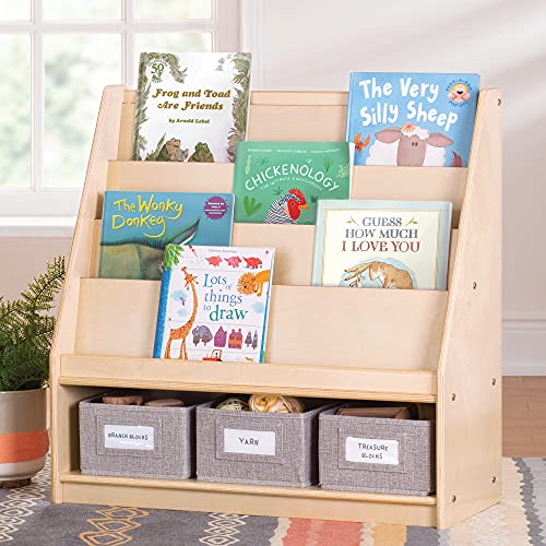 Guidecraft EdQ Essentials Book and Bin Display Natural with 3 Fabric Storage Bins Wooden Multi