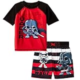 Star Wars Boys Swim Trunks and Rash Guard Set (2T, Vader Red/Black)