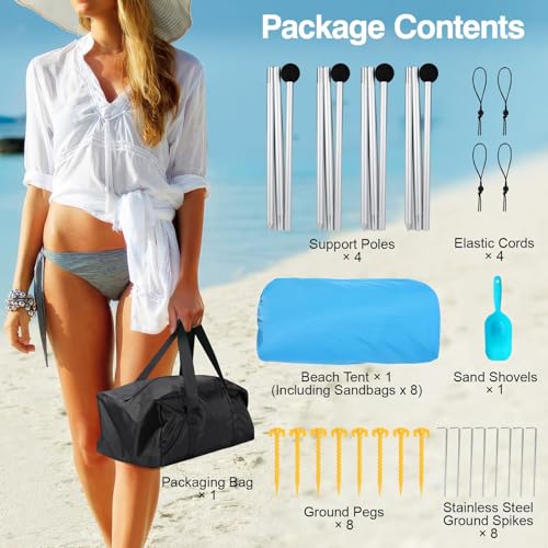 Dsocool Beach Tent Shade Canopy Portable Anti-Wind UPF50+ Protection, 8 Sandbags, 4 Stability Aluminum Poles, Foldable Outdoor Sun Tent for Sand, Camping, Fishing Essentials