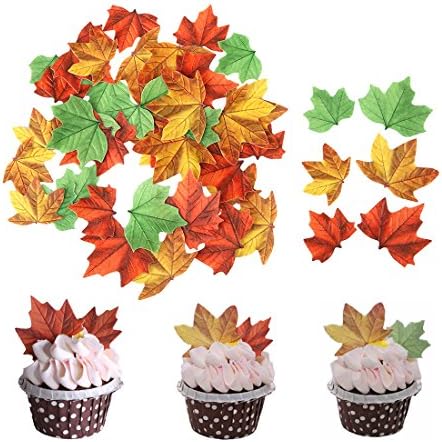 GEORLD Set of 48 Edible Fall Leaves Cake Decorations, Cupcake Topper 3 Colors