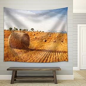 Oil Painting Summer Landscape - hay Bales on The Field After Harvest. Original Oil Painting on Canvas. - Fabric Wall Tapestry Home Decor - 51x60 inches