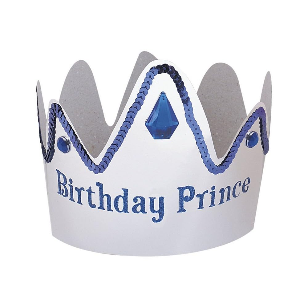 Blue & White Birthday Prince Gems and Sequin Crown - 1 Count - Premium Design for Celebrations and Parties