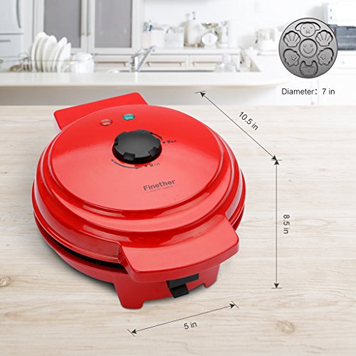 Finether Mini 3-in-1 Non-Stick Snack Maker, Aluminum Multi-Plate Waffle Iron for Donuts Heart-Shaped Waffles Cartoon Cakes, Adjustable Temperature, Easy to Clean, Cord Wrap & Cool Touch Handle, Red - Thumbnail 3