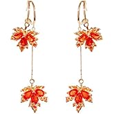 Red Maple Leaf Earrings for Women Elegant Fall Hot Red Orange Plant Leaves Sparkly Crystal Cubic Zirconia Lightweight Long Tassel Threader Dangle Earrings for Autumn Thanksgiving Day Party Holiday Trendy Jewelry Gifts