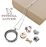 PIT BULL Living Memory Glass Locket Set w/ Floating Pitbull Dog Charms & Sterling Plated Necklace