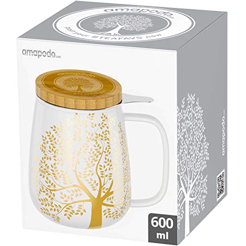 amapodo Teetasse mit Deckel und Sieb - 600ml Porzellan Tee Tasse groà - Jumbotasse - XXL Tea Cup Set Weià - plastikfrei – Bild 6