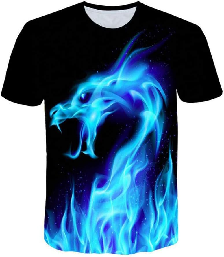 ADESHOP Short Sleeved Shirts for Men, Men's 3D Dragon Flood Printed Short-sleeved T-shirt Top Blouse (L, Blue)