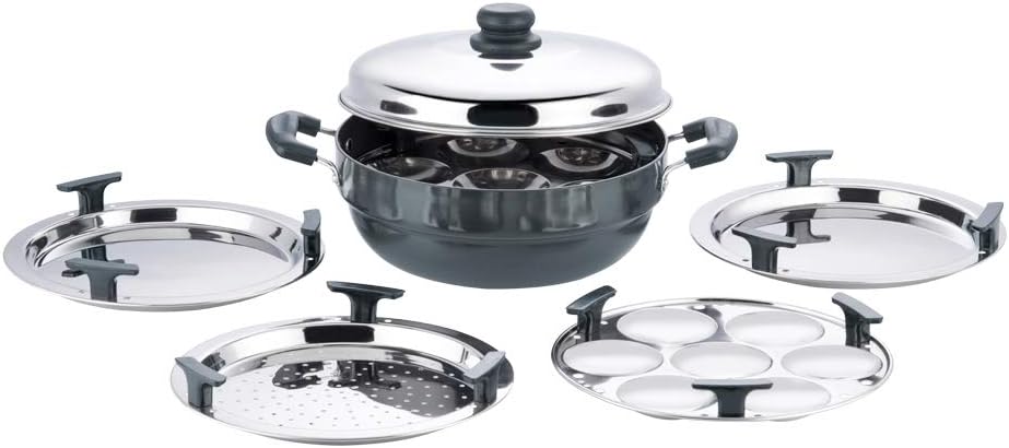 Vinod Multi Kadai Anodizzato Con Piastre Per Idli, Dhokla E Patra, Base Induction, 7 Idli Per Volta, Nero