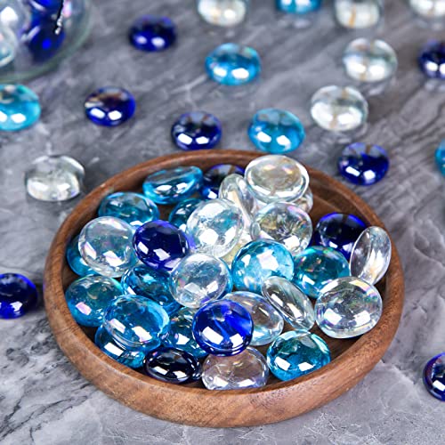 JOHOUSE 120PCS Flat Glass Marbles, Iridescent Glass Beads Dazzling Glass Pebbles Blue Mixed Aqarium Gems for Vase Filler Home Decor DIY Craft
