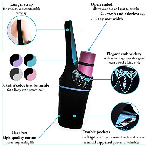 Zenifit Yoga Mat Bag - Long Tote with Pockets - Holds More Yoga Accessories. Cute Yoga Mat Holder with Bonus Yoga Mat Strap Elastics. Black and Azure Blue Yoga Mat Bags and Carriers for Women