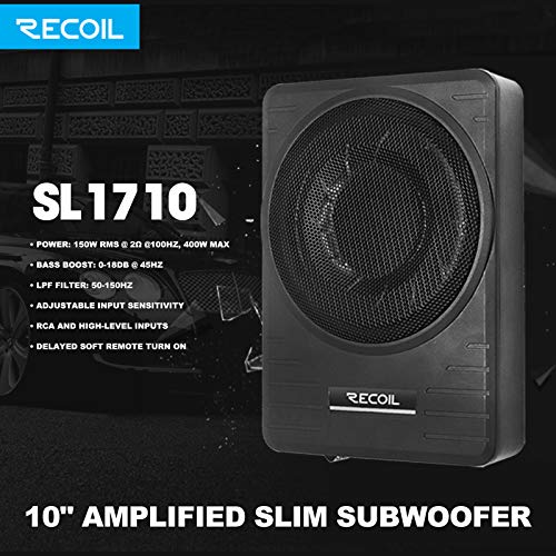 RECOIL SL1710 10" 300 Watt UnderSeat Slim Low Profile Active Powered Car Subwoofer with
