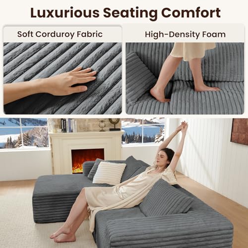 Fantico Modular Sectional Sofa Couch Luxurious Corduroy - High-Density Foam, Non-Slip Stability, Easy Setup with Box Packaging, Comfortable & Durable for Living Room, Apartment, Bedroom - Grey