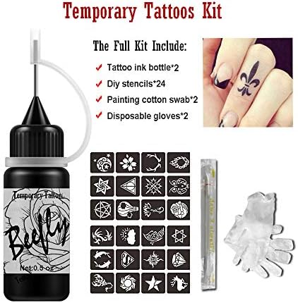 Jagua Temporary Tattoos Kit, Jagua Gel Indian Semi Permanent Tattoo Freehand Gel/Ink (Organic Jagua Fruit Based) 24 Pcs Free Stencils,DIY Tattoos Fake Freckles, Full Kit 2 Bottles(1oz)