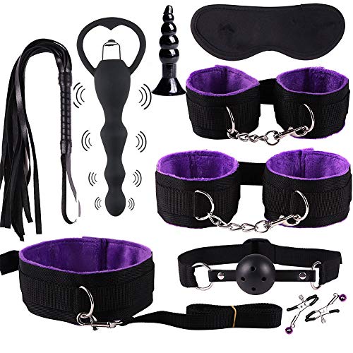 Escolourful Adult Adventure Game Kit-10PCS Silicone Amal Bead PU Leather Plush Handcuffs for Women Men Cosplay Game